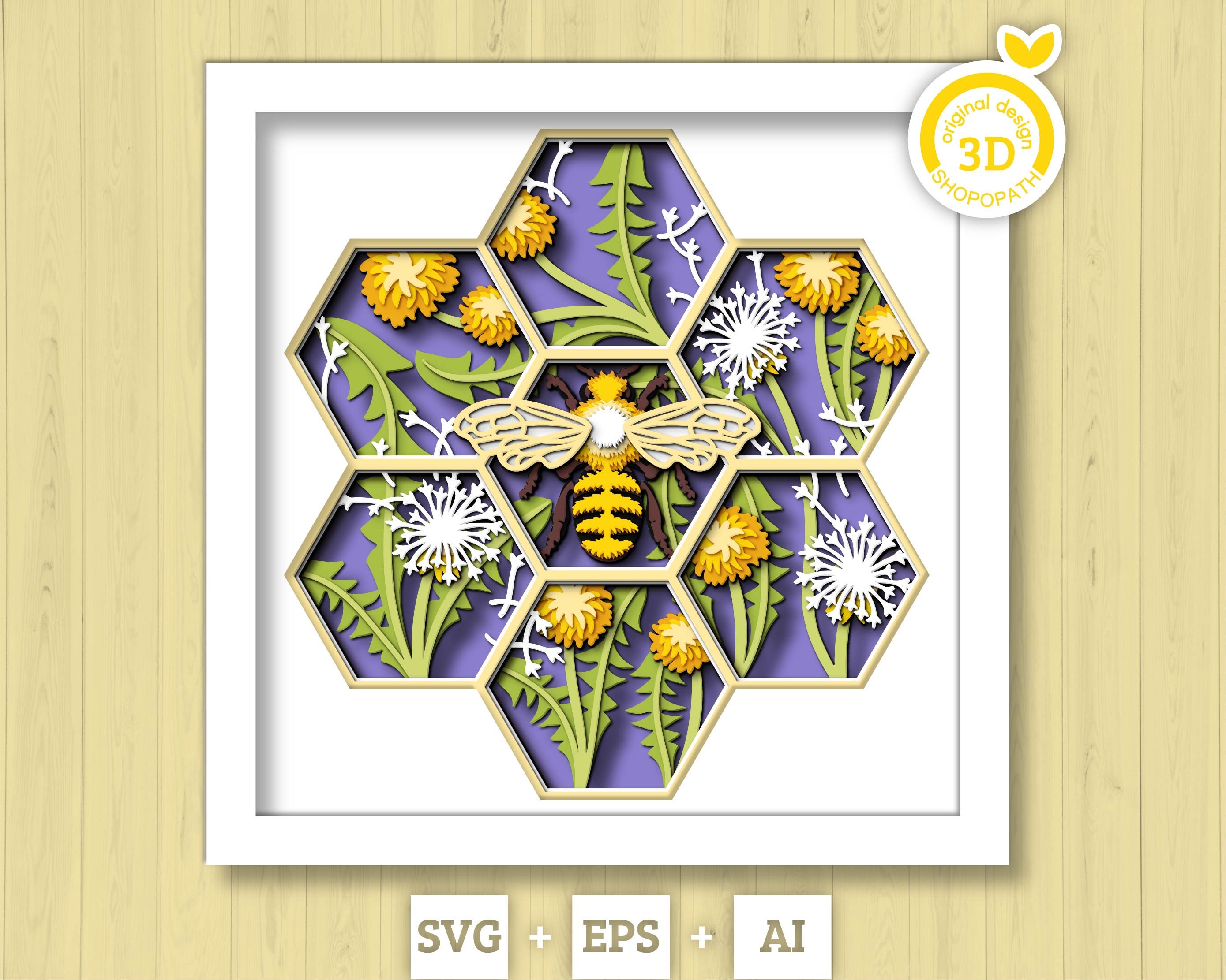3D Bee Shadow Box SVG Layered Dandelions SVG, Spring Shadow Box, Honey Bee 3D Svg, Honey Comb 3d Svg, Papercut svg, Cricut Silhouette