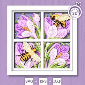 May include: A 3D paper art piece featuring a white framed window with four sections. Each section displays a crocus flower with a bee. The flowers are purple and white, with green leaves. The bees are yellow and black. The text "original design 3D SHOPOPATH" is in the upper right corner.