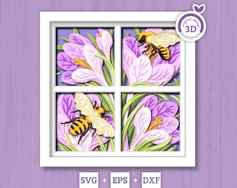 May include: A 3D paper art piece featuring a white framed window with four sections. Each section displays a crocus flower with a bee. The flowers are purple and white, with green leaves. The bees are yellow and black. The text "original design 3D SHOPOPATH" is in the upper right corner.