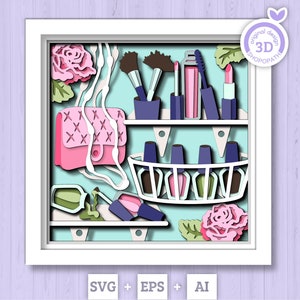 Maquillage 3D Shadow Box SVG, pinceau de maquillage 3D SVG, svg de rouge à lèvres, mascara 3D Svg, 3D SVG été, vernis à ongles svg, 3D beauté Svg Cricut Silhouette