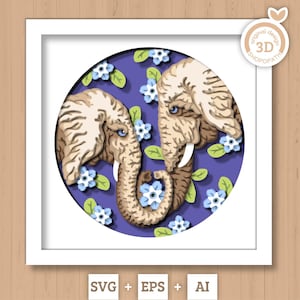 Peut inclure: Une découpe de papier 3D représentant deux éléphants dont les trompes sont entrelacées, sur un fond violet avec des fleurs bleues. Le motif est encadré dans un cadre carré blanc.