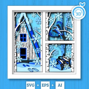 Scatola delle ombre invernali 3D SVG, scatola delle ombre azzurre a strati Svg, fiocchi di neve 3D Svg, scatola delle ombre natalizie 3D Svg Birch Forest svg Cricut Silhouette