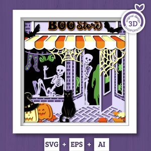 3D SVG Halloween Store Shadow Box, Halloween chat en couches, sorcière 3D Svg, svg Papercut, Halloween 3D, svg citrouille en couches, Silhouette Cricut