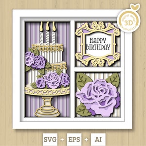 3D SVG gâteau d'anniversaire ombre boîte SVG, 3D joyeux anniversaire Svg, boîte d'ombre de fête, 3D gâteau de fête d'anniversaire couches Papercut svg, Silhouette Cricut