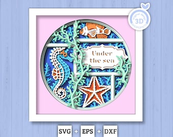 3D Sea Shadow Box SVG, 3D Aquarium Shadow Box, Starfish, Seahorse, Clown Fish 3D Svg, Sea Creatures 3d Svg, Nautical svg, Cricut Silhouette