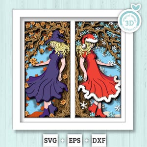 May include: A layered paper art piece featuring two women in a window frame. One is dressed in a purple witch costume, the other in a red Santa outfit. The background shows autumn leaves and snowflakes. The artwork is labeled "original design 3D SHOPOPATH".