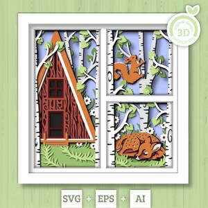 3D SVG Spring Cabin Shadow Box, bouleau SVG, Svg 3D de cerf, écureuil SVG, SVG Papercut en couches forêt, fleurs 3D 3D, Silhouette Cricut