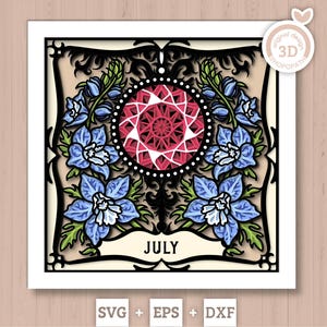 May include: A layered paper art piece featuring a central red geometric design surrounded by blue flowers and black filigree. The word "JULY" is displayed at the bottom. The design includes the text "original design 3D shopopath".