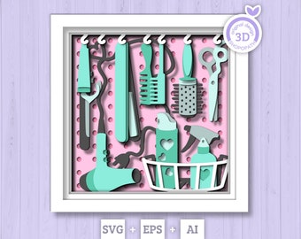 May include: A white frame with a pink background and a variety of hair styling tools, including a hairdryer, curling iron, comb, brush, scissors, and hairspray. The tools are arranged in a 3D design, giving the image a layered effect.