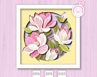 Magnolia Flowers Branch - 3D Shadow Box Layered SVG DXF EPS (Cutting Files)