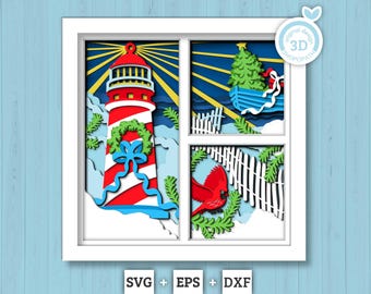 Lighthouse Christmas with Cardinal Panels - 3D Shadow Box Layered SVG DXF EPS (Cutting Files)