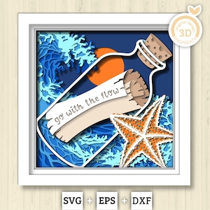 Rollo de papel SVG 3D en caja de sombra de botella, mensaje SVG 3D, olas SVG 3D, mar SVG 3D, verano SVG 3D, rollo de papel SVG 3D para Cricut Silhouette