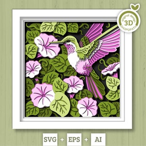 Fleurs de gloire du matin SVG 3D avec boîte d'ombre de colibri, SVG d'été 3D, SVG de colibri 3D, fleurs en couches 3D Svg, Silhouette Cricut