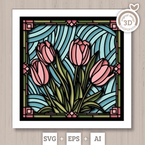 Caixa de sombra de flores de tulipa de vidro manchado 3D SVG, flores 3D svg, tulipa 3D SVG floral vitral papel recortado, caixa de sombra svg, silhueta Cricut