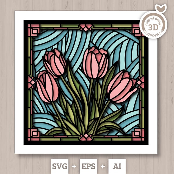 3D SVG vitrail fleurs tulipes Shadow Box, svg fleurs 3D, tulipe 3D SVG floral vitrail papercut, Shadow Box svg, Silhouette Cricut