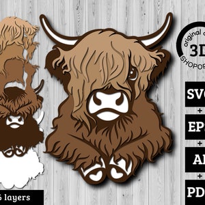 Vaca de las tierras altas en capas 3D SVG PDF EPS, vaca en capas svg, corte de papel en capas svg, vaca de pelo largo svg, vaca cortada con láser, Cricut Glowforge