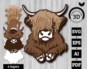 3D Layered Highland Cow SVG PDF EPS, Layered Cow Svg, Layered Papercut svg, Long Hair Cow Svg, Laser Cut Cow, Cricut Glowforge Silhouette