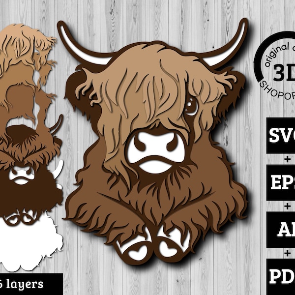 3D Layered Highland Cow SVG PDF EPS, Layered Cow Svg, Layered Papercut svg, Long Hair Cow Svg, Laser Cut Cow, Cricut Glowforge Silhouette