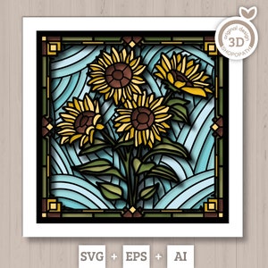 Caja de sombras con girasoles y flores de vidrio de colores 3D SVG, flores 3D svg, corte de papel con vidrio de colores 3D, caja de sombras con girasoles svg, silueta de Cricut