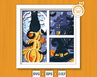 Halloween Witch Black Cat Panels - 3D Shadow Box Layered SVG DXF EPS (Cutting Files)
