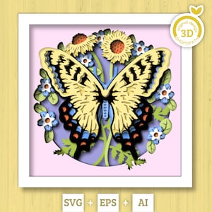 3D Schmetterling Schattenbox SVG, Tiger Schwalbenschwanz 3D zwar, geschichtete Maisdotterblume SVG, Frühling Schattenbox, 3D Blumen Papierschnitt Cricut Silhouette