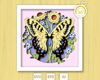 3D Butterfly Shadow Box SVG, Tiger Swallowtail 3D Svg, Layered Corn Marigold SVG, Spring Shadow Box,3D Floral Papercut svg Cricut Silhouette