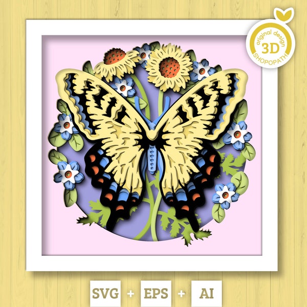 3D Butterfly Shadow Box SVG, Tiger Swallowtail 3D Svg, Layered Corn Marigold SVG, Spring Shadow Box,3D Floral Papercut svg Cricut Silhouette