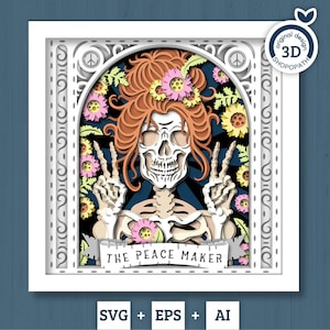 3D SVG hippie squelette Tarot carte Shadow Box, Halloween Shadow Box 3D Svg, lecture de carte SVG 3D, fleurs 3D SVG, Tarot 3D Svg, Silhouette Cricut