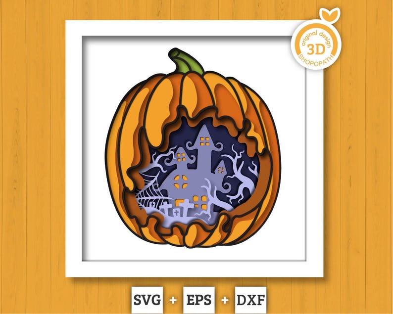 Halloween Pumpkin With Witch House - 3D Shadow Box Layered SVG DXF EPS ...