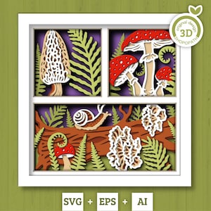 Caja de sombras de hongos SVG 3D, SVG EPS de maderas en capas, caja de sombras de otoño, SVG 3D de otoño, SVG de hojas de helecho, SVG de hongos, silueta de Cricut