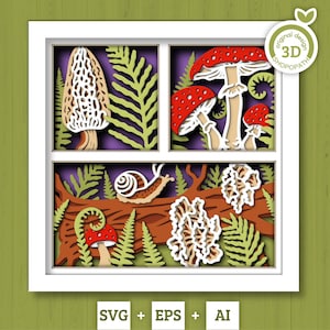 3D SVG Mushrooms Shadow Box, Layered Woods SVG EPS, Fall Shadow Box, Autumn 3D Svg, Fern Leaves Svg, Mushroom svg, Cricut Silhouette