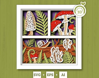 3D SVG Pilze Shadow Box, geschichtete Wälder SVG EPS, Herbst Shadow Box, Herbst 3D SVG, Farn Blätter dafür, Pilz svg, Cricut Silhouette