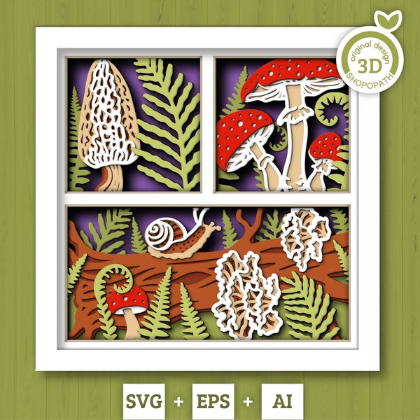 3D SVG Mushrooms Shadow Box, Layered Woods SVG EPS, Fall Shadow Box, Autumn 3D Svg, Fern Leaves Svg, Mushroom svg, Cricut Silhouette