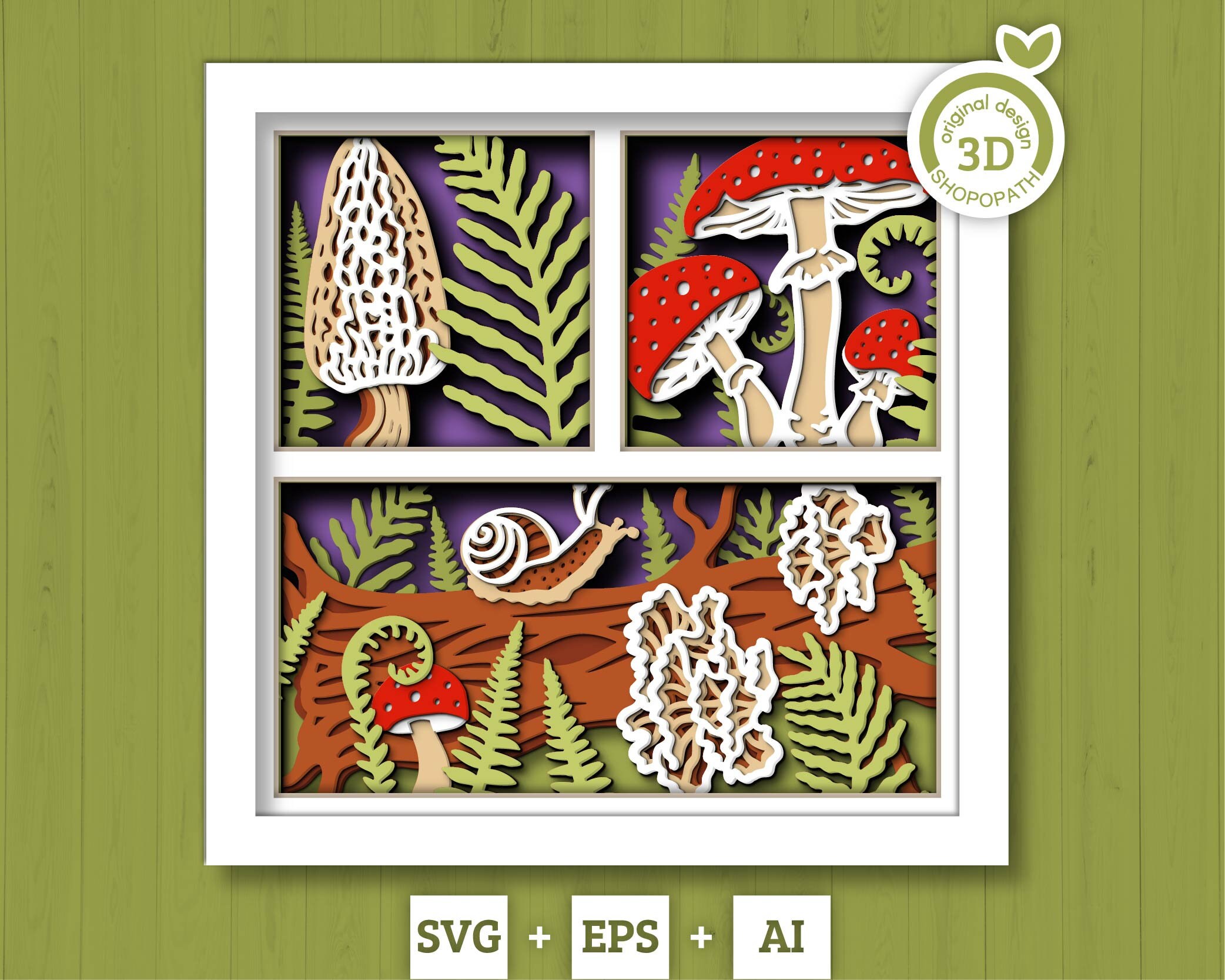 3D SVG Mushrooms Shadow Box, Layered Woods SVG EPS, Fall Shadow Box, Autumn 3D Svg, Fern Leaves Svg, Mushroom svg, Cricut Silhouette