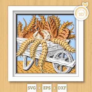 Bakery Cart Shadow Box 3D SVG with Sourdough Bread Loafs Pretzels and Wheat Ears, Cutting DXF EPS Files for Cricut Silhouette Brother