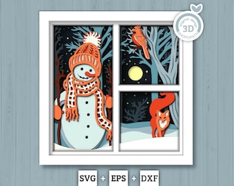 Sneeuwpop met bosdieren panelen - 3D Shadow Box gelaagde SVG DXF EPS (bestanden snijden)