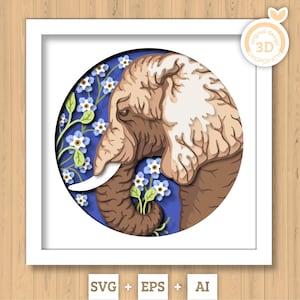 Caja de sombras de elefante con flores de nomeolvides en SVG 3D, elefante en SVG 3D, safari en SVG 3D, caja de sombras de vida silvestre en SVG 3D, silueta de Cricut