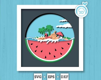 Watermelon Slice Beach - 3D Shadow Box Layered SVG DXF EPS (Cutting Files)