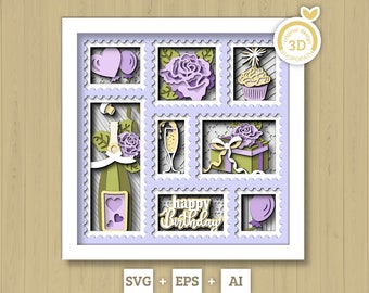 May include: A 3D layered papercraft design with a white frame and a purple background. The design features a champagne bottle, a cupcake, a gift box, a champagne flute, and a rose. The text "Happy Birthday" is in the center of the design.