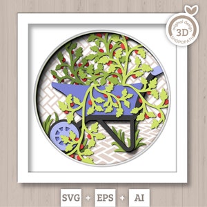 3D SVG Jardinage Shadow Box SVG Jardin printanier avec feuilles et fleurs Brouette avec plant de tomate Svg en couches, Silhouette Cricut