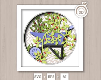 3D SVG Gardening Shadow Box SVG Spring Garden With Leaves and Flowers Wheelbarrow With Tomato Plant Layered svg, Cricut Silhouette