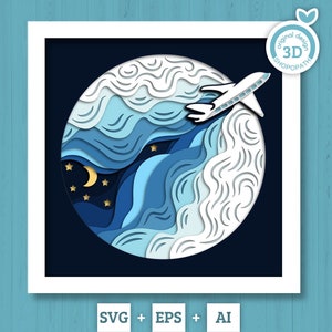 3D gelaagde vliegtuig SVG EPS, reizende schaduwdoos, wolken 3D Svg gelaagde papercut svg, 3D-lucht, gelaagde vliegtuig svg, Cricut silhouet