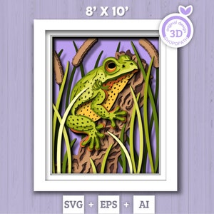 Caixa de sombra 3D de sapo em tronco de árvore SVG, sapo em camadas 3D SVG de 8 x 10 polegadas, verão SVG 3D, planta taboa 3D SVG, lago 3D SVG, silhueta Cricut