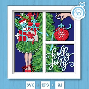 Caixa de sombra de Natal 3D SVG, Svg de inverno em camadas, Caixa de sombra de presentes, Svg de presente de Natal 3D, Svg de enfeite de Natal 3d, Silhueta Cricut