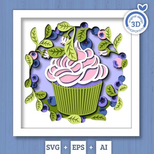 3D SVG Blueberry Shadow Box SVG, zomertaart SVG, bladeren 3D Svg, bloemen 3D svg, Spring Shadow Box, gelaagde papercut svg, Cricut silhouet