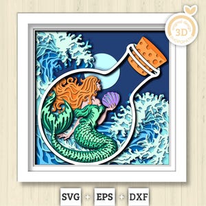 3D SVG Mermaid In Bottle Shadow Box, Mermaid 3D Svg, Waves 3d Svg, Sea 3D svg, Summer 3d Svg, Mermaid Shadow Box 3D Svg, Cricut Silhouette