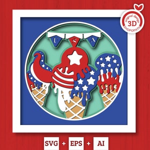 Helado en capas 3D SVG EPS, caja de sombra de EE. UU., papel cortado en capas Svg 3D de Estados Unidos, 4 de julio en 3D, bandera estadounidense en capas, silueta de Cricut