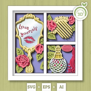 3D SVG Saint-Valentin Shadow Box, Saint-Valentin Superposition de miroir SVG, amour 3D Svg, romantique Shadow Box, Love Yourself 3D Roses Silhouette Cricut