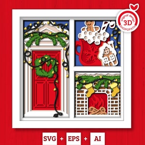 3D SVG Noël Shadow Box, superposition de Svg hiver, hiver Shadow Box, chaussettes de Noël 3D Svg, Noël porte 3D Svg, Silhouette Cricut