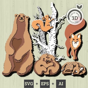 Animaux de la forêt 3D SVG, bébé cerf SVG 3D, ours svg 3D, oursons svg 3D, bouleau svg 3D, renard 3D svg, svg 3D écureuil, découpé au laser Cricut
